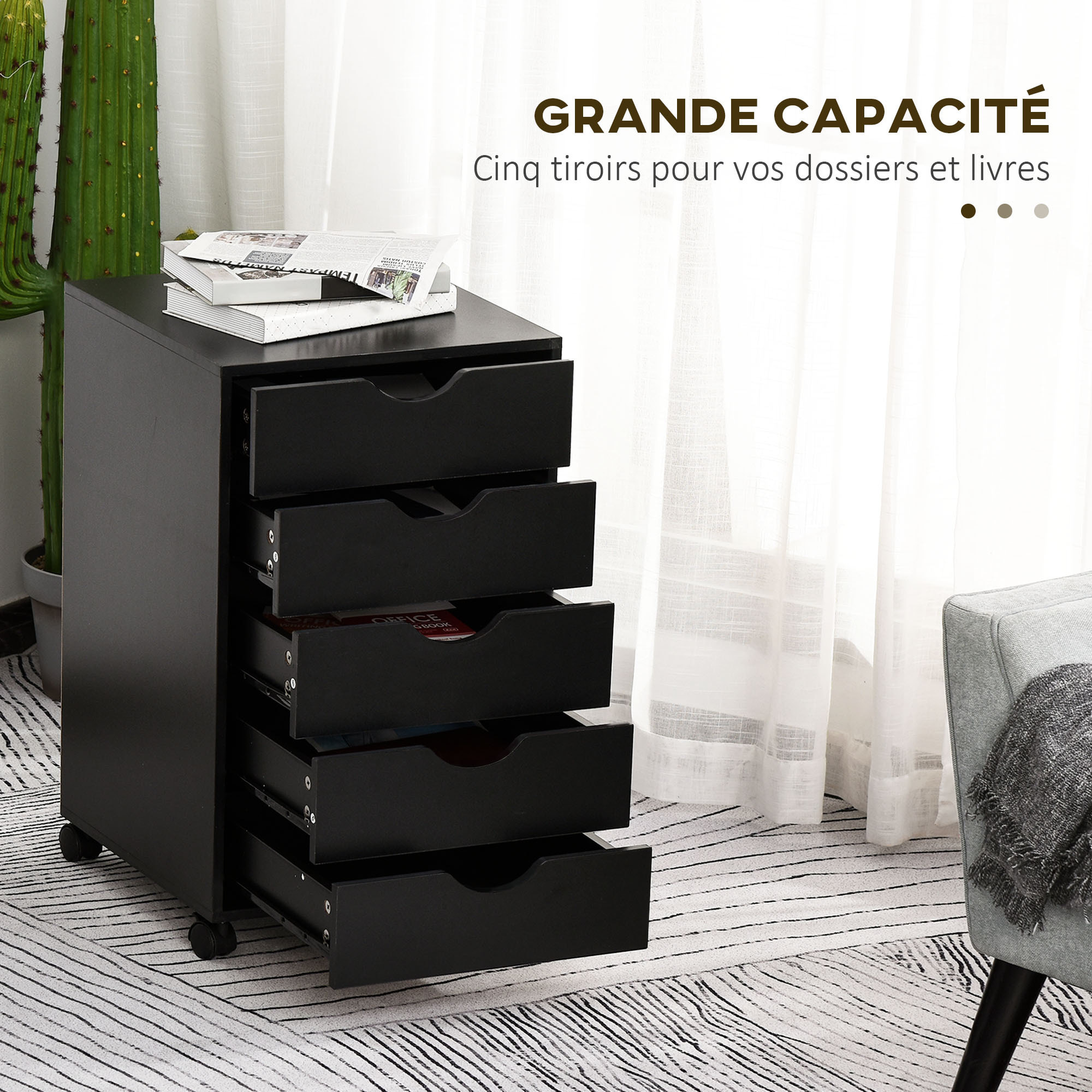 Caisson bureau 5 tiroirs mobile dim. 40x40x67cm noir