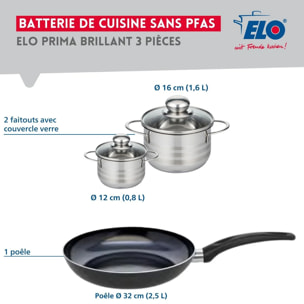 Ensemble de 1 Poêle de cuisson 32 cm et 2 faitouts 12 et 16 cm Elo Prima Brillant