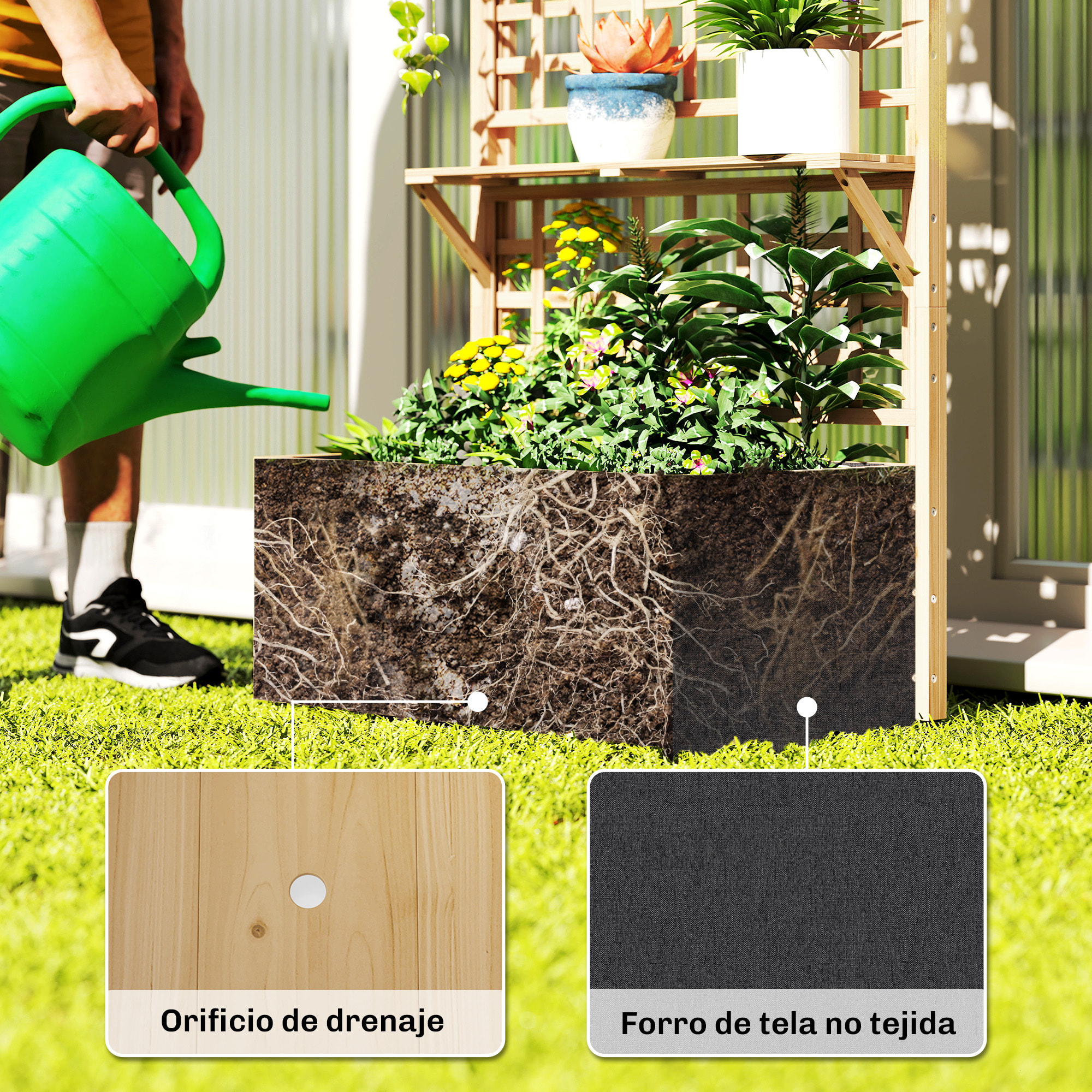 Jardinera con Enrejado y Techo de Madera, Jardinera Exterior Grande para Plantas Trepadoras, con 2 Estantes, Drenaje y Forro, Macetero Elevado para Patio, Terraza, 76x43,5x177 cm, Natural