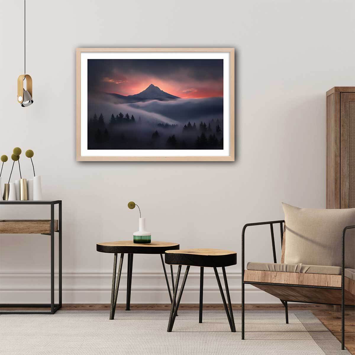 Affiche Brume en Oregon Affiche + cadre en bois - Chêne