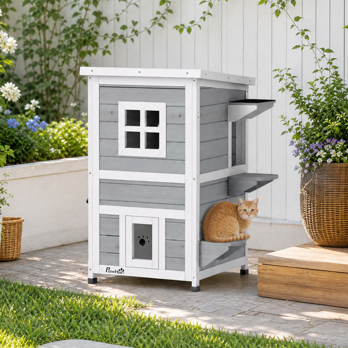 PawHut Caseta para Gatos de Madera Exterior, Casa para Gatos de 2 Niveles con Techo Abatible, Panel Central Extraíble, Ventanas, Puertas, para Terraza, Balcón, Jardín, 51x51x81,3 cm, Gris