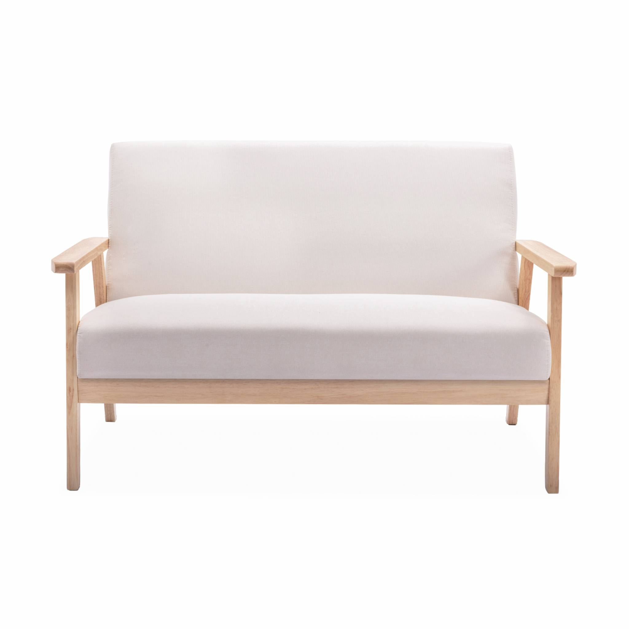 Banquette et fauteuil en bois et tissu crème. Isak. L 114 x l 69.5 x H 73cm