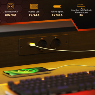 Mesa Gaming con Luces LED, 100x60 cm, Escritorio Gaming, Mesa Gamer con Tomas de Corriente, Soporte para Monitor, Estantes y Control Remoto, para Oficina, Estudio, Negro