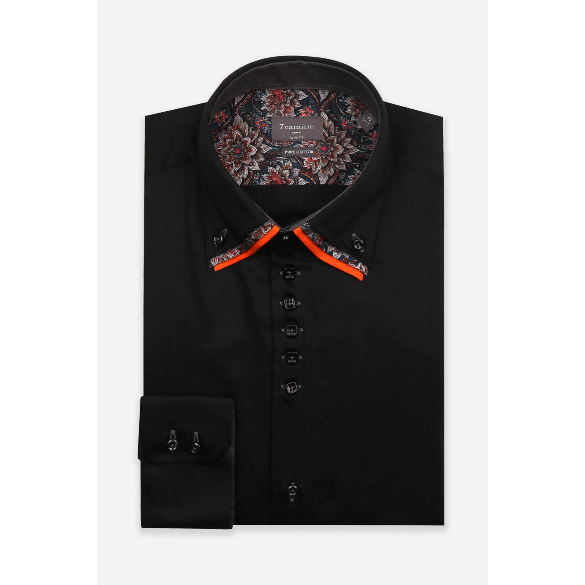 Camicia Uomo 2 Bottoni Button Down Triplo Collo Slim Satin Unito Nero