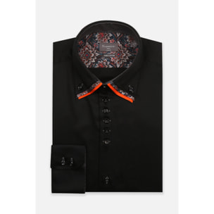 Camicia Uomo 2 Bottoni Button Down Triplo Collo Slim Satin Unito Nero