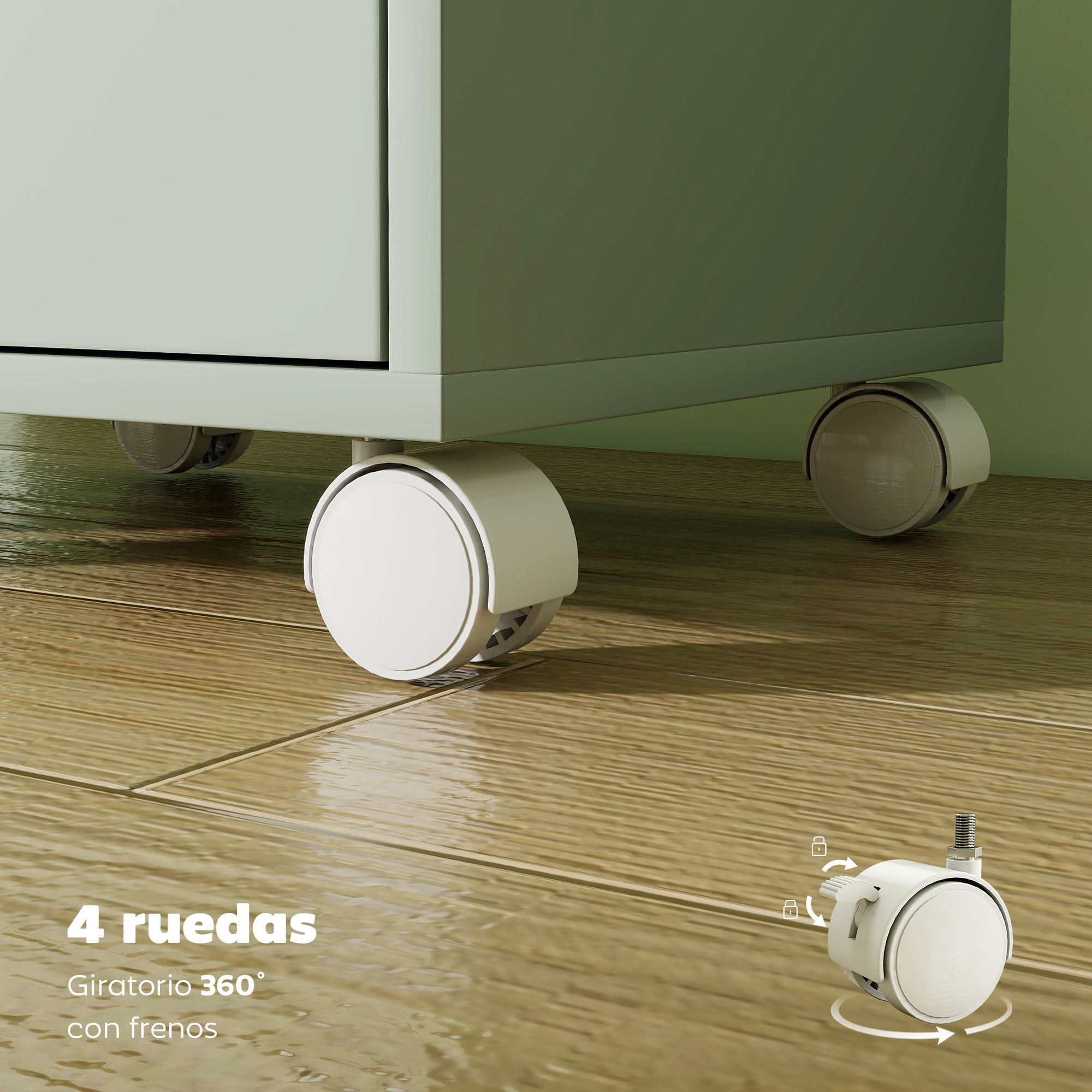 Cajonera Escritorio, Archivador Móvil con 6 Cajones, Soporte para Impresora con Ruedas, Guías Deslizantes Silenciosas, para Oficina, Casa, Verde y Blanco