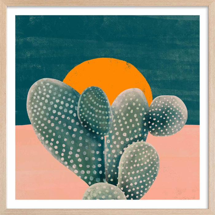 Affiche illustration cactus et soleil orange Affiche + cadre en bois - Chêne