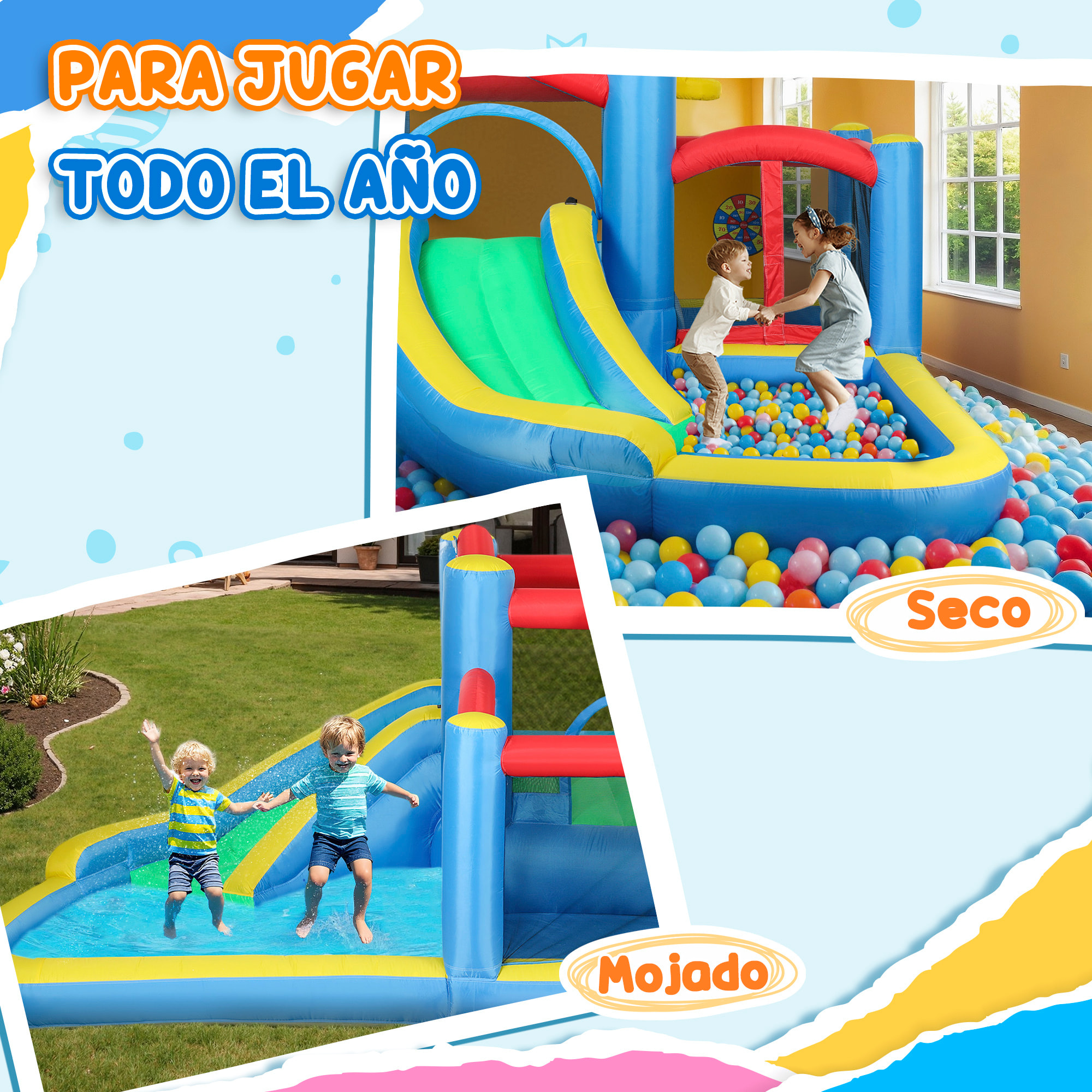 Castillo Hinchable con Soplador 5 en 1 Parque Acuático Hinchable para Niños con Tobogán Piscina Diana y Canasta para Exterior Interior 385x290x180 cm