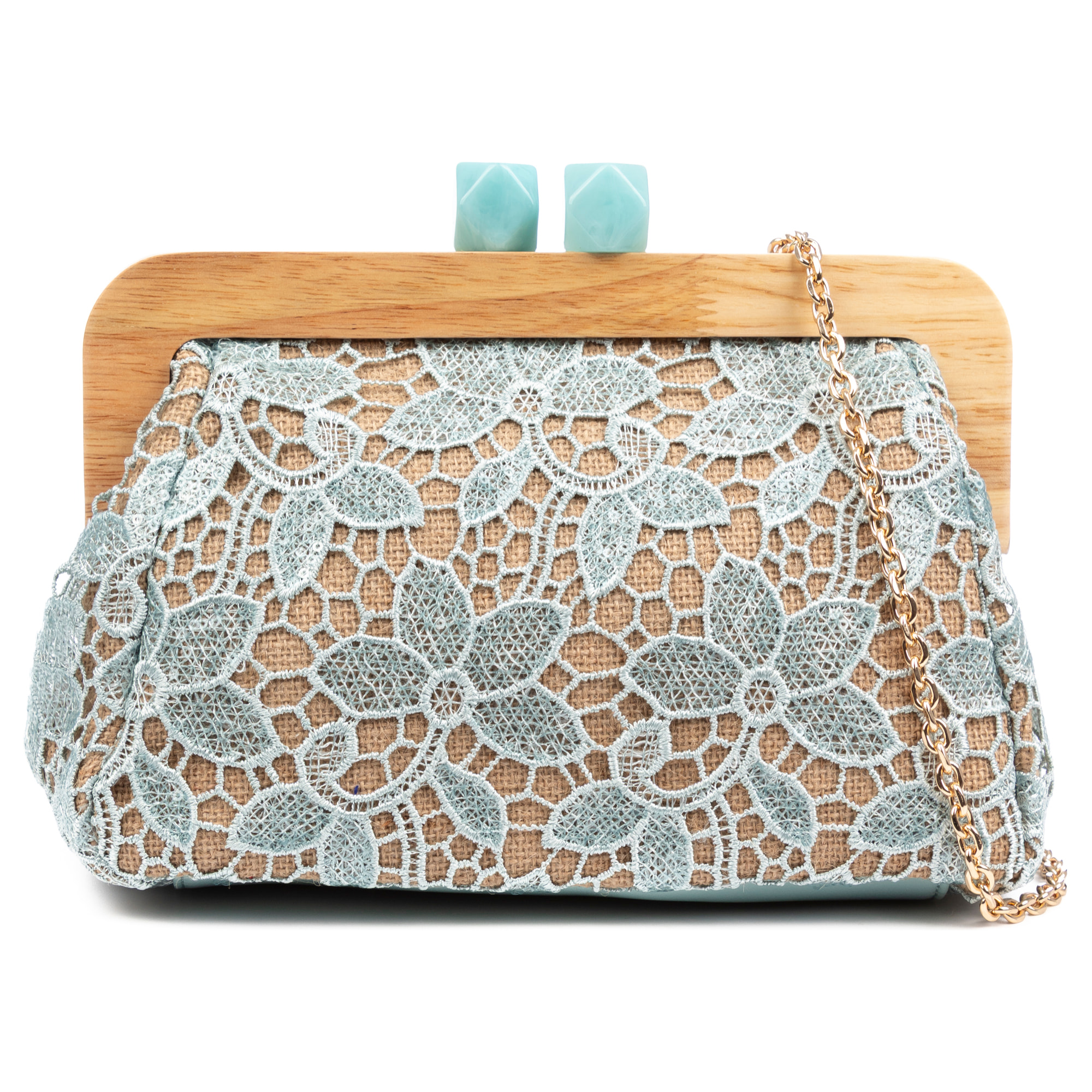 Borbera Borsa a tracolla Donna. Realizzata in legno naturale, cotone e juta con design in rete di tessuto floreale.