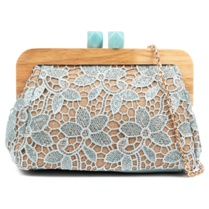 Borbera Borsa a tracolla Donna. Realizzata in legno naturale, cotone e juta con design in rete di tessuto floreale.