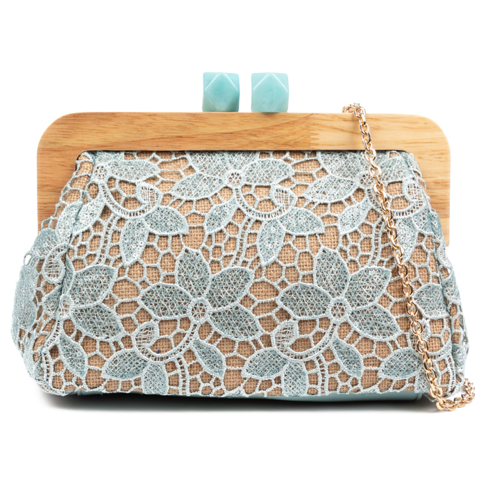Borbera Borsa a tracolla Donna. Realizzata in legno naturale, cotone e juta con design in rete di tessuto floreale.