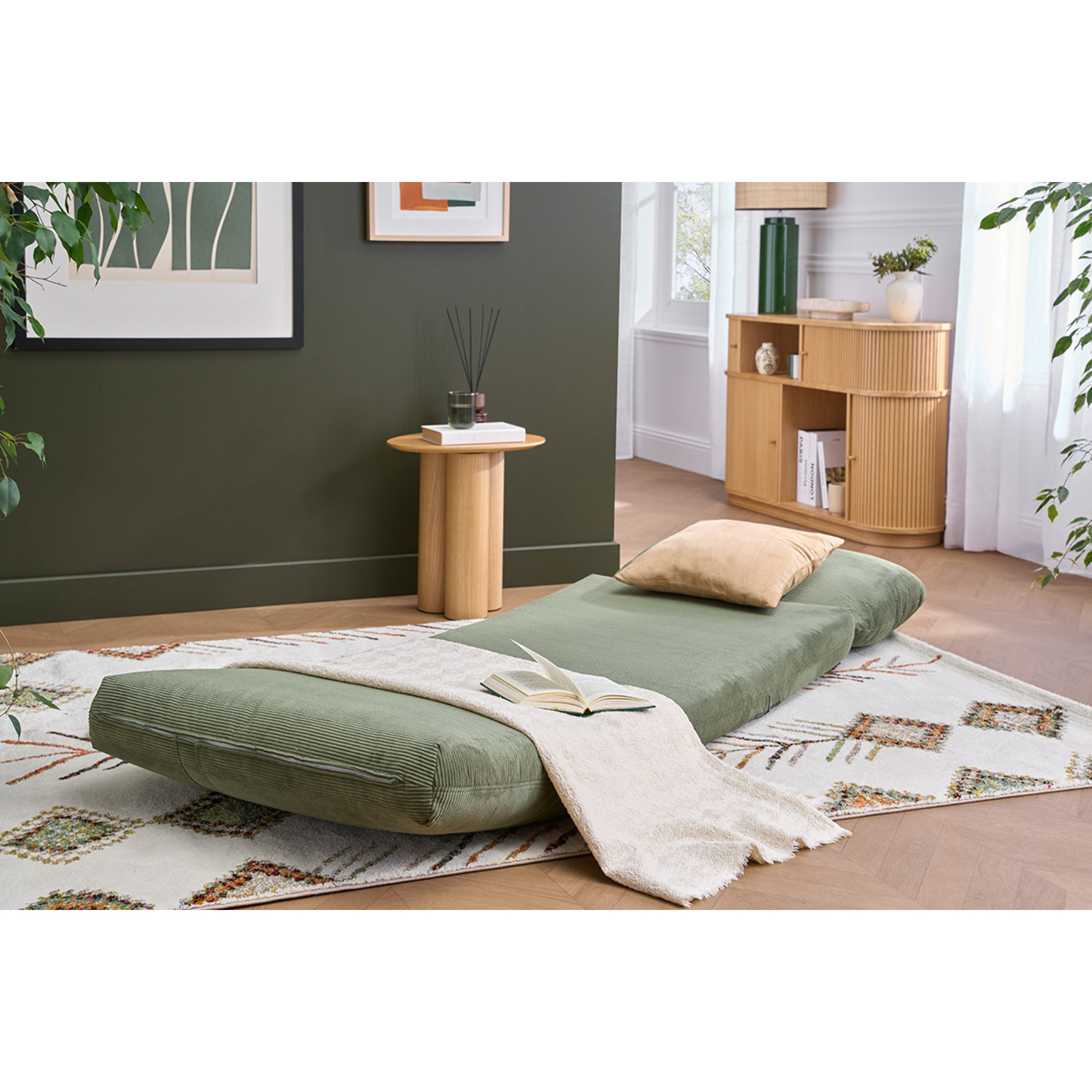 Chauffeuse 1 place convertible en tissu velours côtelé vert kaki SPENCER