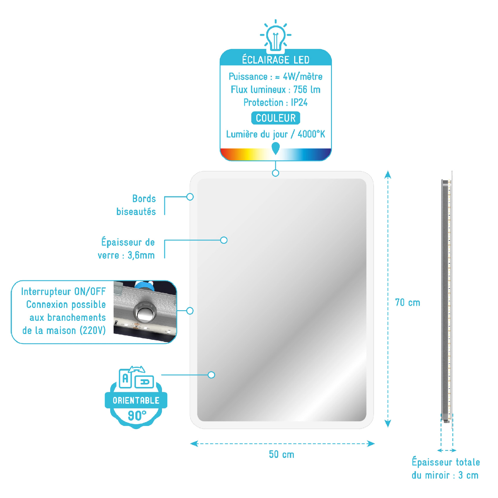 Miroir rectangulaire à leds - Blanc