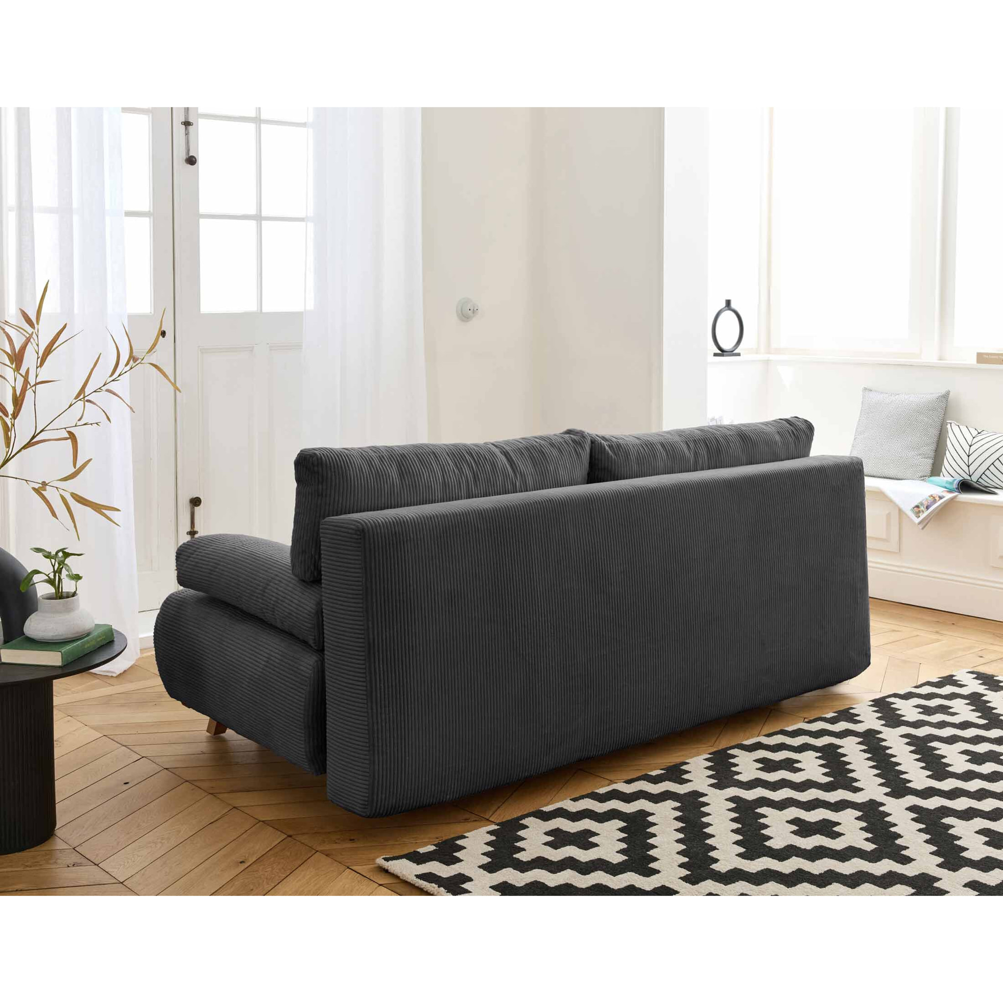 Cristal - canapé 3 places - convertible avec coffre et pouf - en velours côtelé - Gris foncé