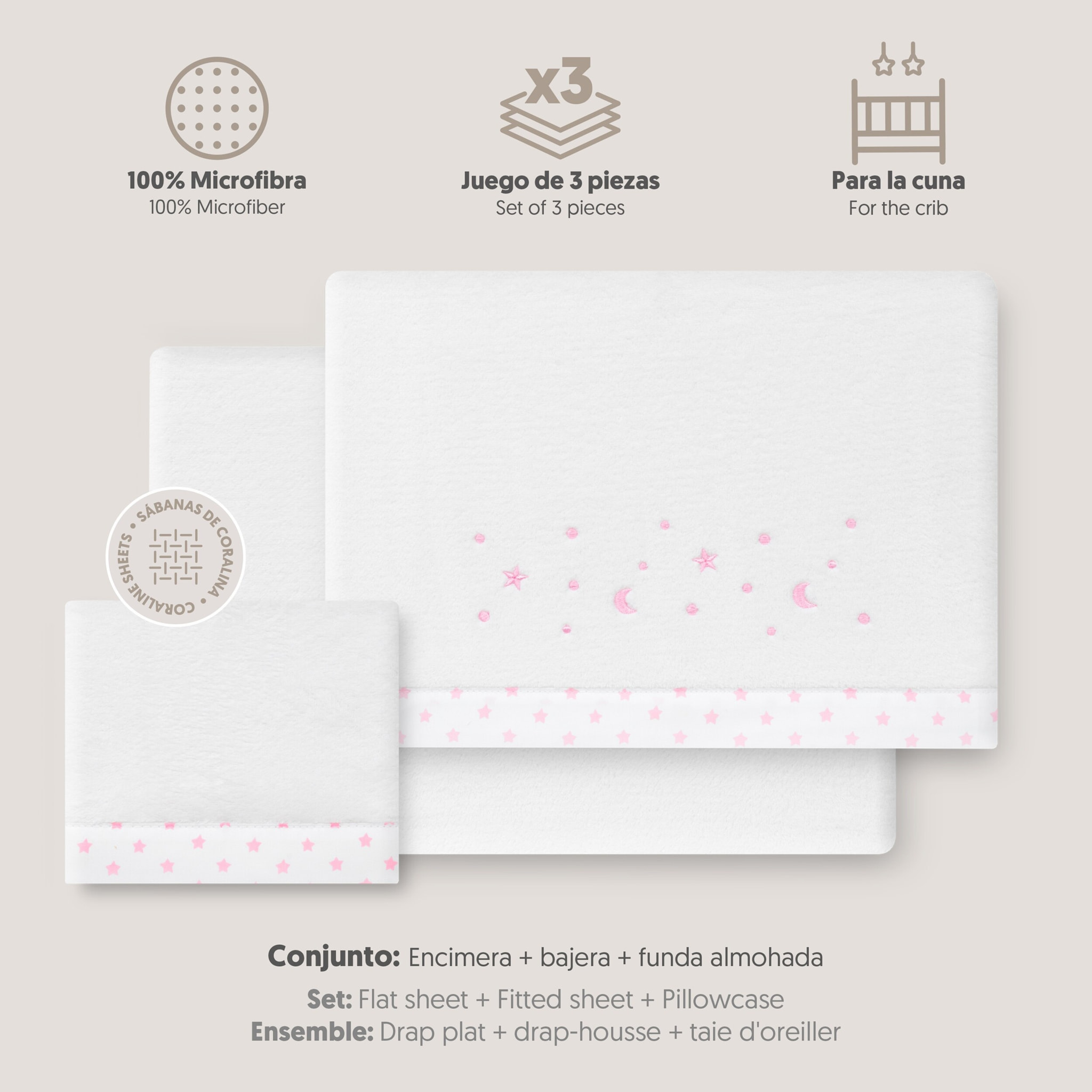 Juego de Sábanas de Cuna Coralina Estrella Luna