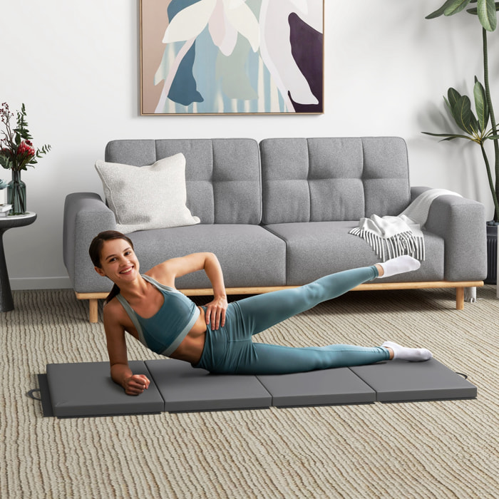 Tapis de gym yoga fitness pliable - poignée - revêtement synthétique - gris