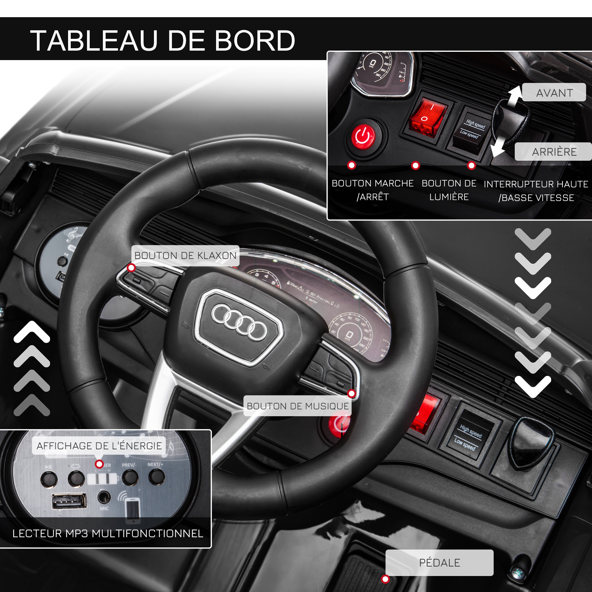 Voiture électrique enfant licence officielle Audi RS Q8 - 2 moteurs - télécommande - effets sonores, lumineux - noir