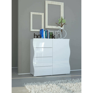 Credenza moderna, Madia di design, a 1 anta e 4 cassetti, Made in Italy, Mobile Porta TV, Buffet da soggiorno, cm 90x40h81, colore Bianco lucido