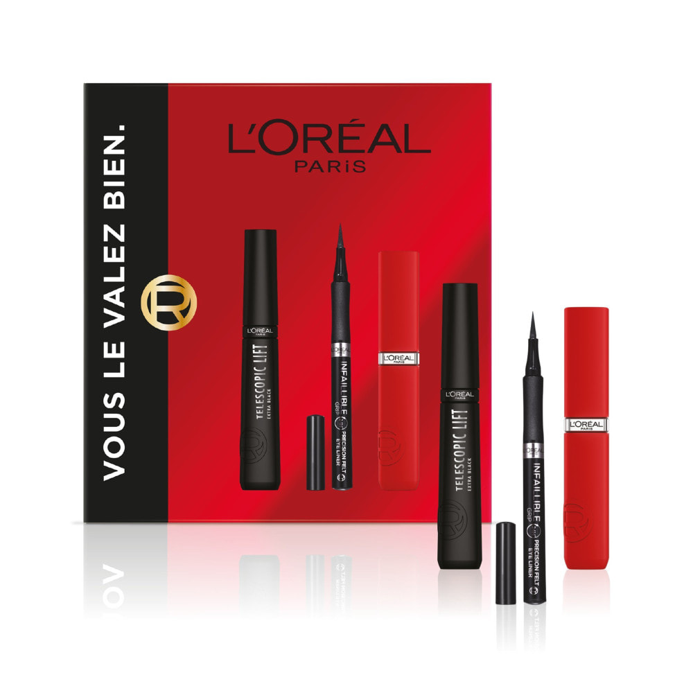 L'Oréal Paris Telescopic Lift Noir, Felt tip Eyeliner Noir, Infaillible Matte Resistance Rouge.