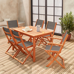 Table de jardin extensible bois d'eucalyptus + 6 assises - Almeria - Table 120/180cm avec rallonge. 2 fauteuils et 4 chaises. en bois d'Eucalyptus huilé et textilène anthracite