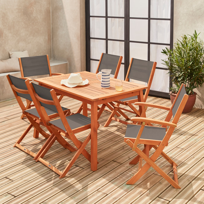 Table de jardin extensible bois d'eucalyptus + 6 assises - Almeria - Table 120/180cm avec rallonge. 2 fauteuils et 4 chaises. en bois d'Eucalyptus huilé et textilène anthracite