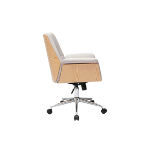 Chaise de bureau à roulettes en tissu effet velours texturé beige, bois clair et métal chromé HELIOS