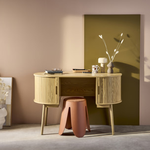 Bureau ovale décor bois rainuré avec deux espaces de rangement. L 120 x P 55 x H 77 cm