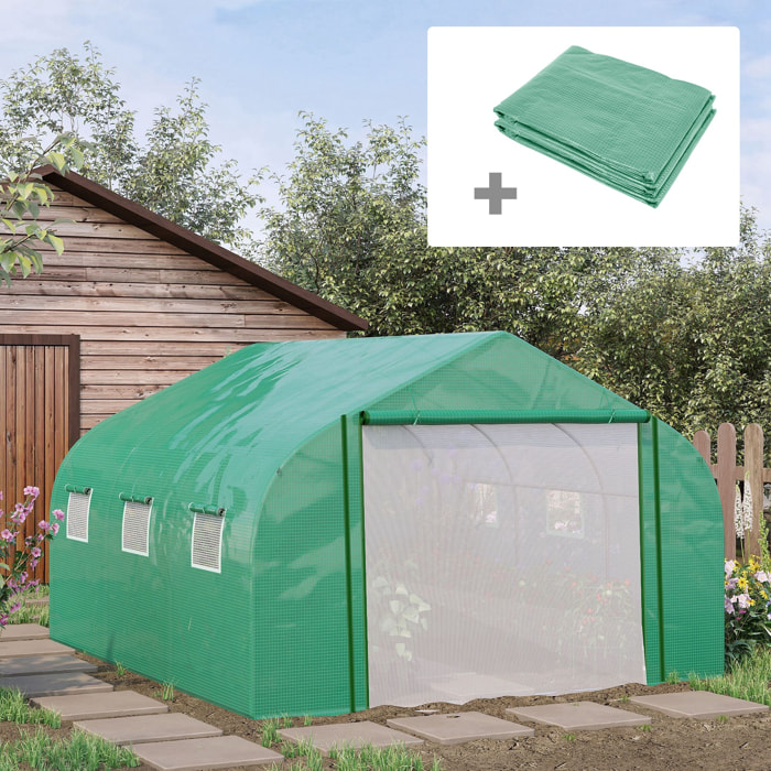 Conjunto de Invernadero de Túnel y Cubierta de Repuesto con Puerta y 6 Ventanas Enrollables Anti-UV para Cultivos Plantas Flores 350x300x200 cm Verde
