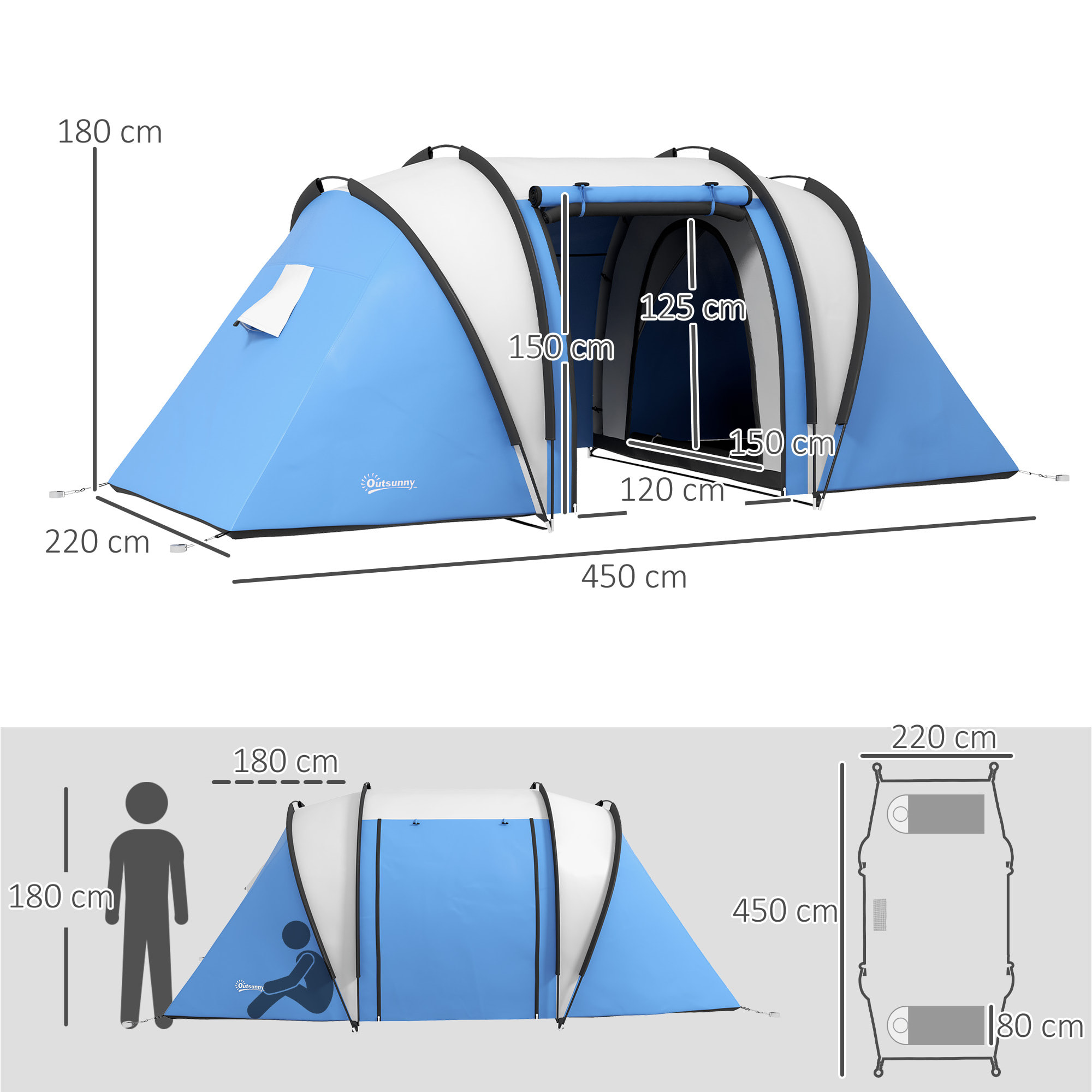 Tienda de Campaña Familiar para 4-5 Personas Tienda de Acampada de Túnel Impermeable 3000 mm con 2 Dormitorios Bolsa de Transporte y Gancho para Pescar Senderismo Azul