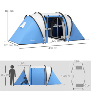Tienda de Campaña Familiar para 4-5 Personas Tienda de Acampada de Túnel Impermeable 3000 mm con 2 Dormitorios Bolsa de Transporte y Gancho para Pescar Senderismo Azul