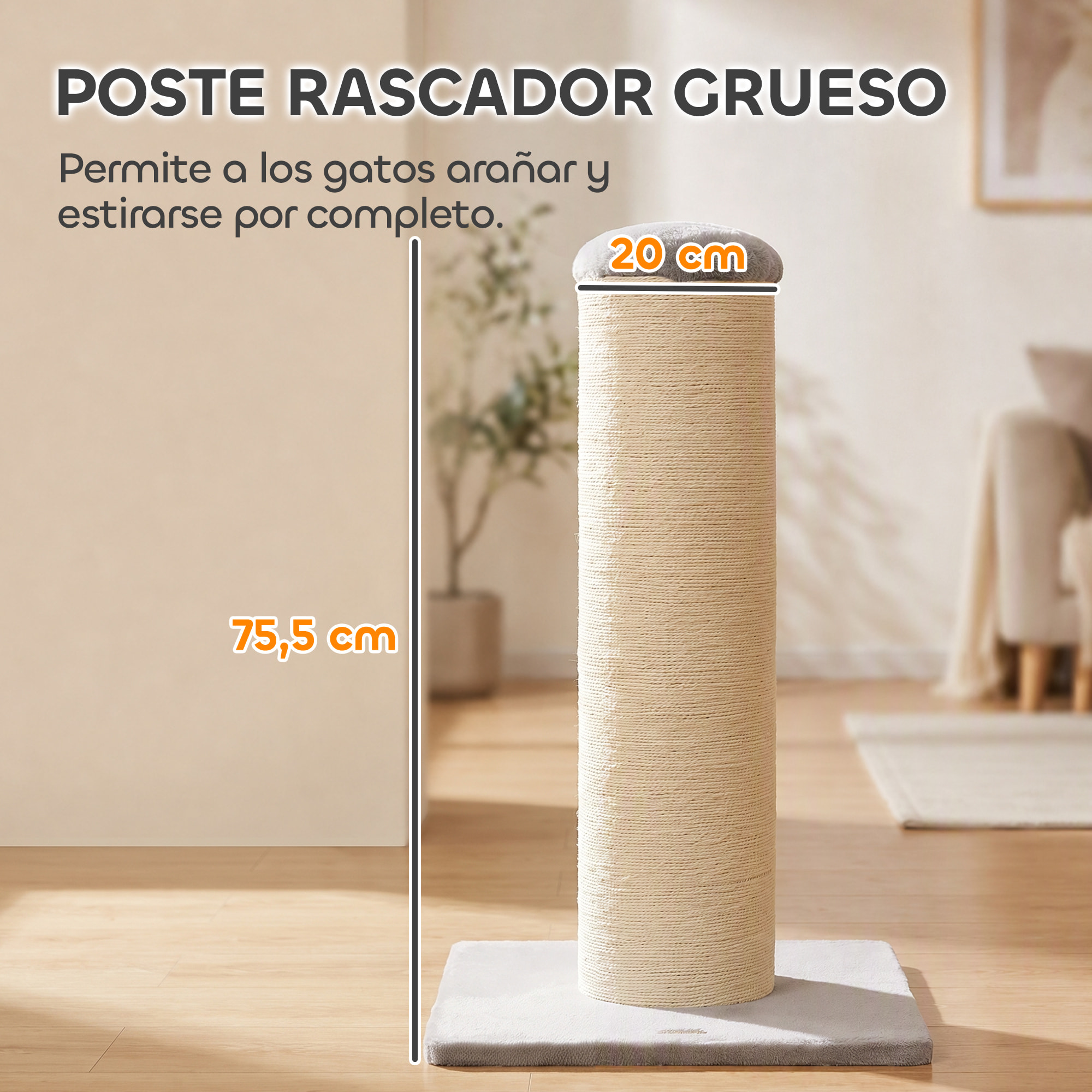 PawHut Poste Rascador para Gatos, Altura 75,5 cm, Rascador para Gatos Interior, Base Estable y Cuerda de Sisal Natural, Gris Claro