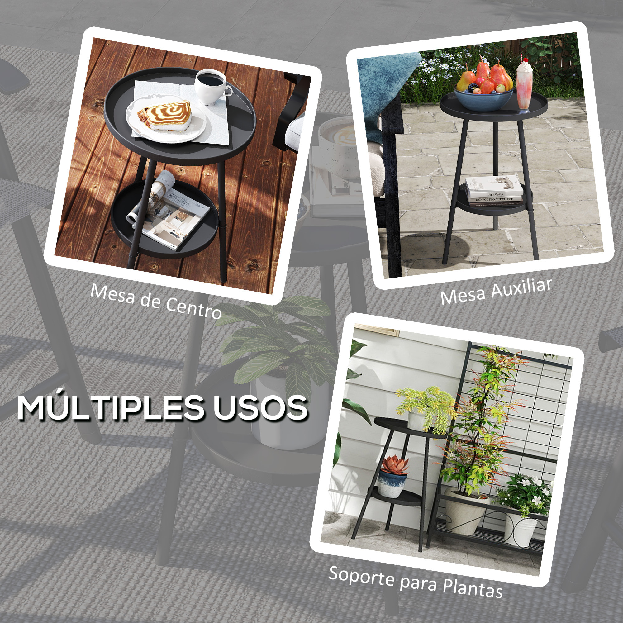 Mesa de Jardín Redonda de 2 Niveles Mesa de Terraza Exterior Ø32x51 cm con Bandeja Inferior y Estructura de Metal para Exterior e Interior Negro