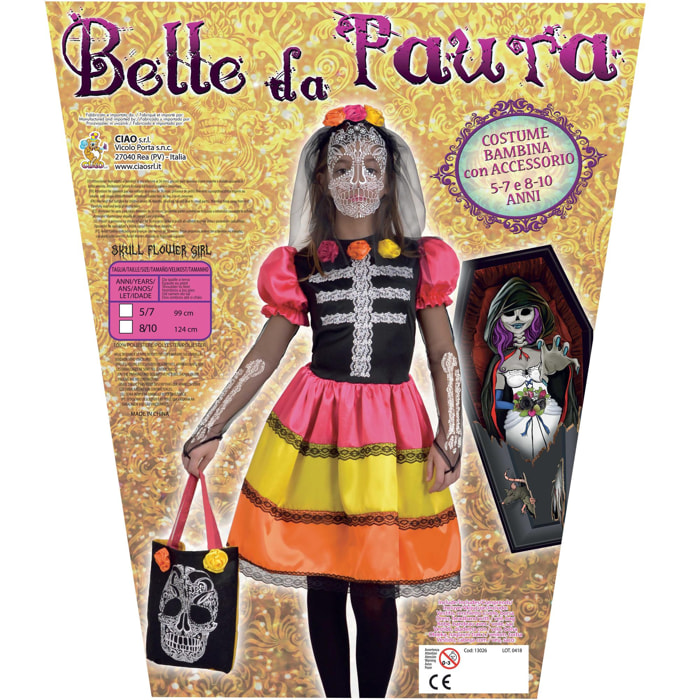 Skull Flower Girl Costume Halloween Dia De Los Muertos Velo Borsetta Bambina