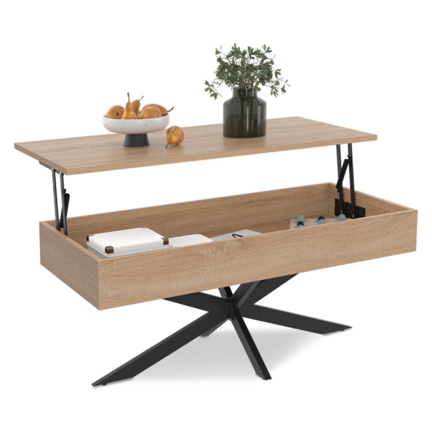 Table basse Spider avec plateau relevable bois et pieds croisés noir L100cm