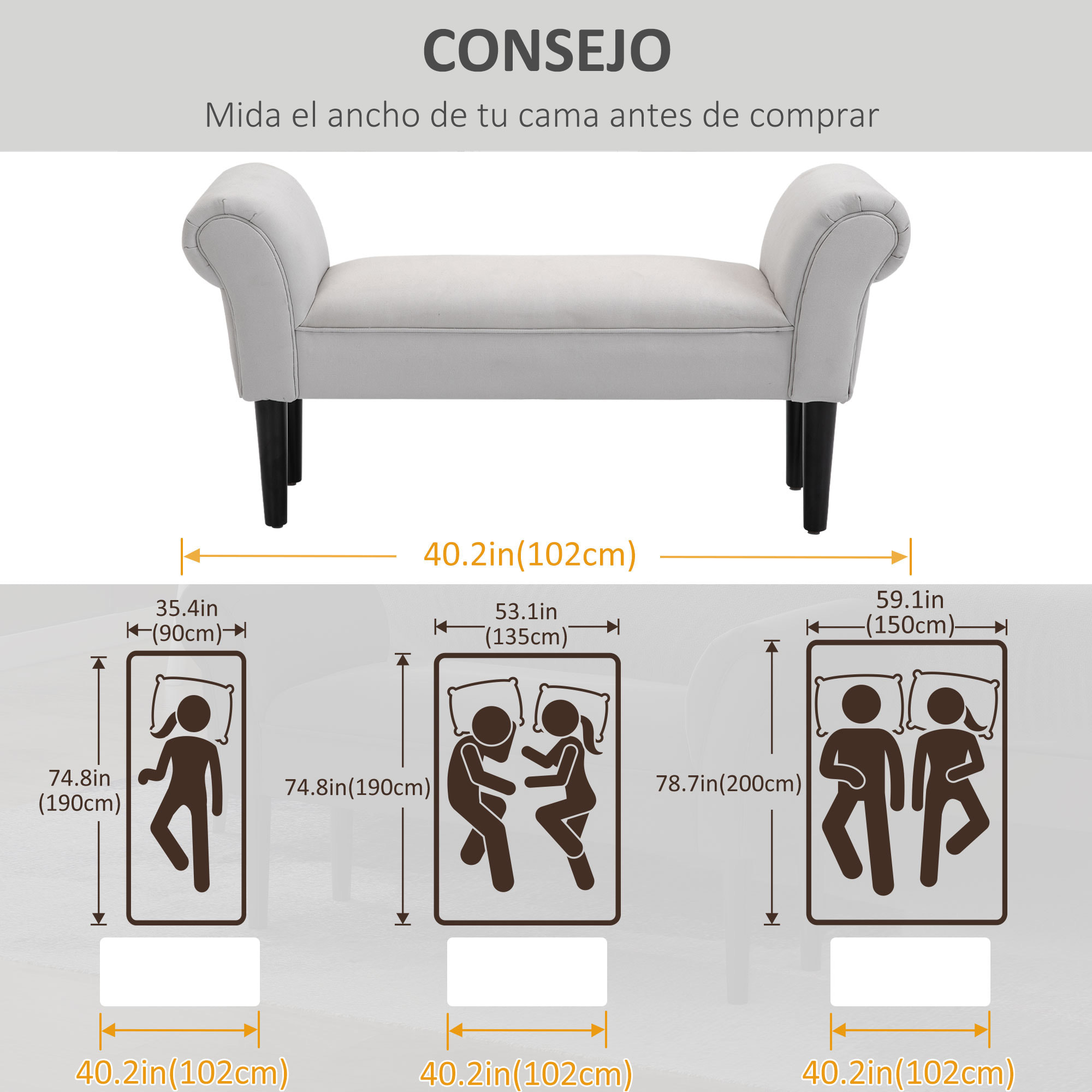 Taburete Pie de Cama Banqueta con Brazos Tapizada tipo Banco de Madera para Dormitorio Salón Recibidor 102x36x51cm Carga 130kg