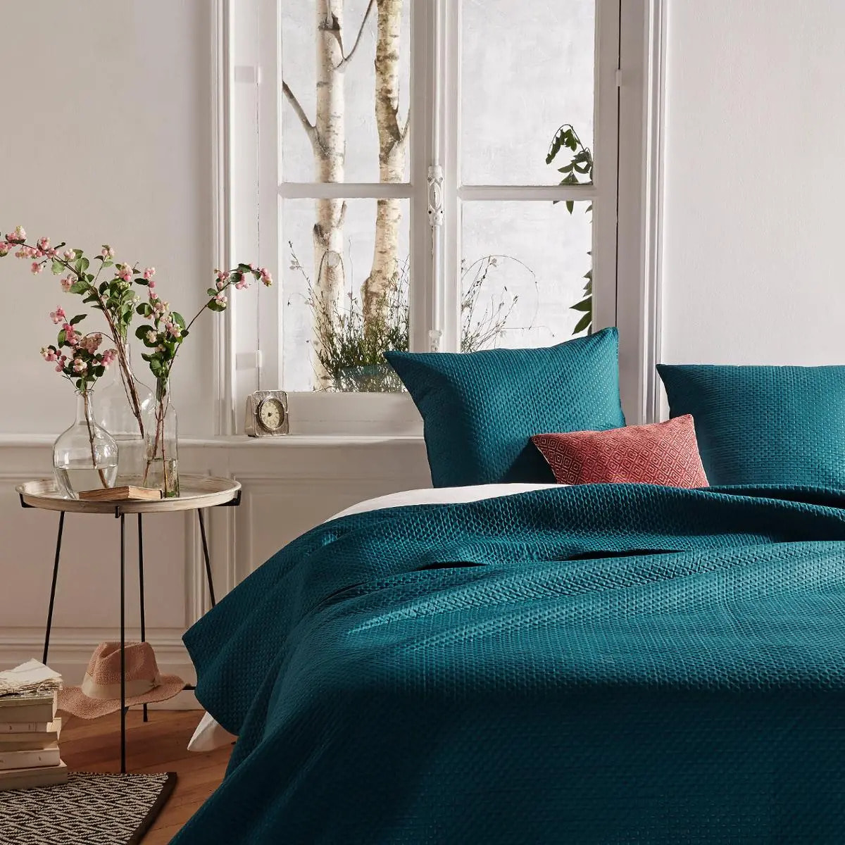 Dessus de lit + 2 taies "Dolce" bleu canard - 260x240 cm