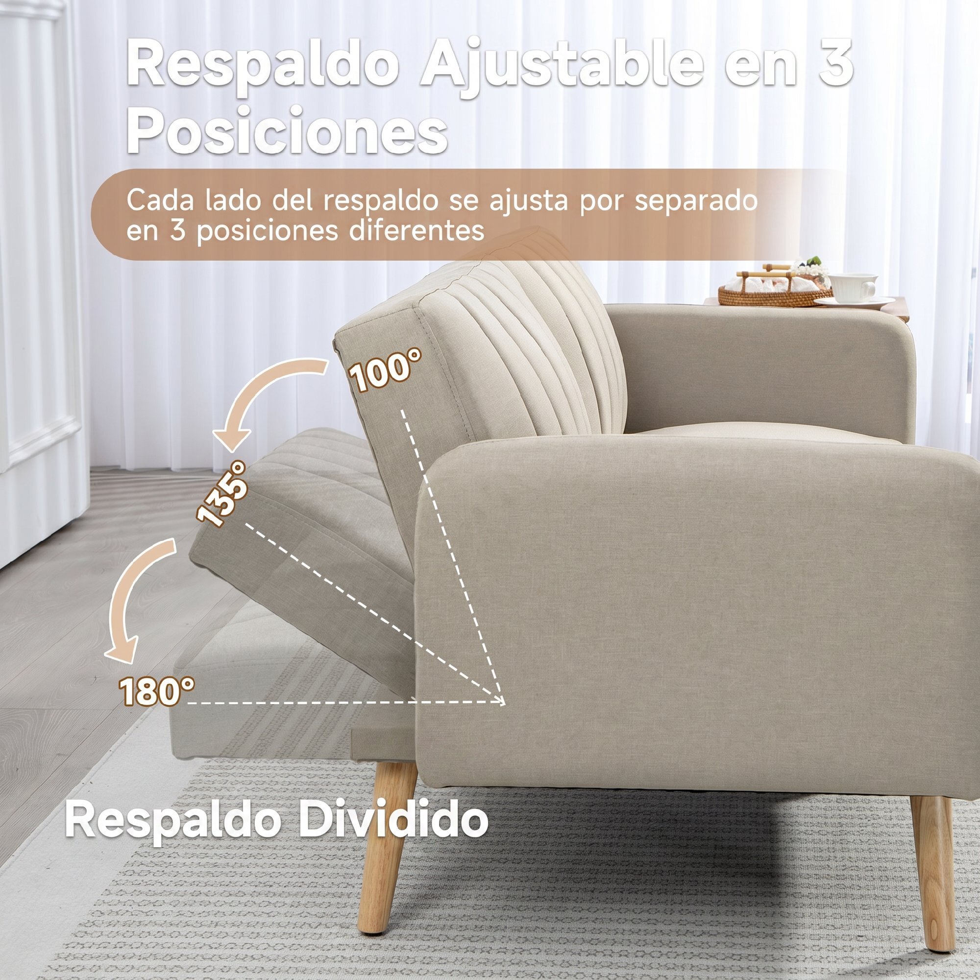 Sofá Cama de 2 Plazas Moderno 173x75x73 cm Sofá Cama Plegable Tapizado en Lino Sintético con Respaldo Ajustable en 3 Niveles y Reposabrazos Desmontables para Salón Oficina Beige