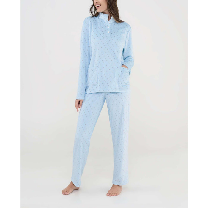 Pijama mujer suave tejido con estampado de pequeños topos, escote abierto con botones, manga larga y pantalón largo