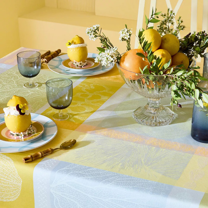 Nappe pur coton enduit 220 g/m² motif jacquard jaune vert Mille lieues aube