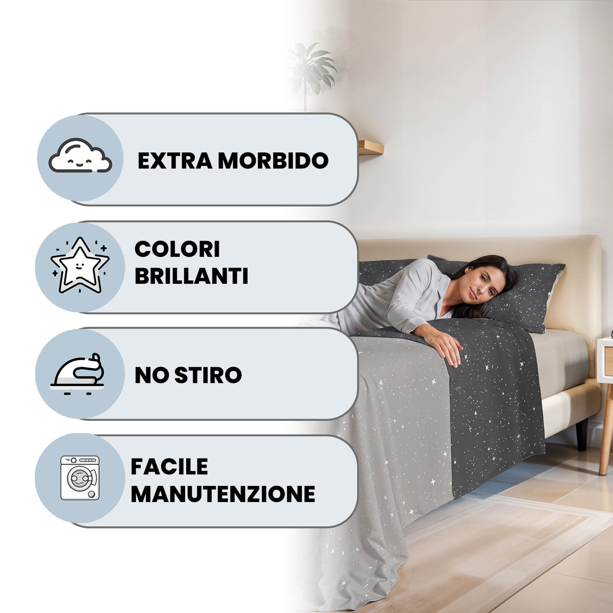 COMPLETO LETTO FASHION, 100% Microfibra, No Stiro - STARS GRIGIO