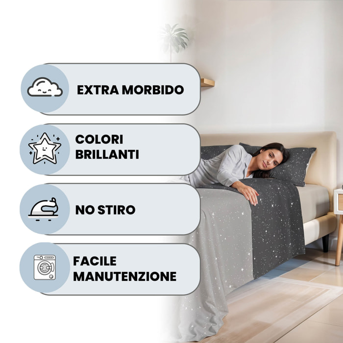 COMPLETO LETTO FASHION, 100% Microfibra, No Stiro - STARS GRIGIO