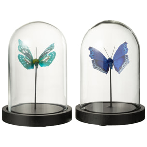 J-Line Cloche décorative Papillons - verre/papier - blauw - small - 2 pièces