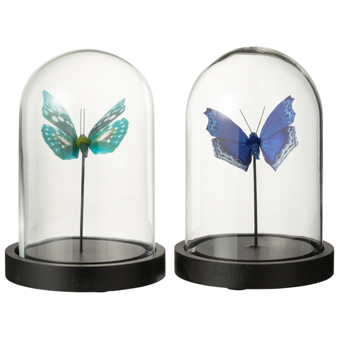 J-Line Cloche décorative Papillons - verre/papier - blauw - small - 2 pièces