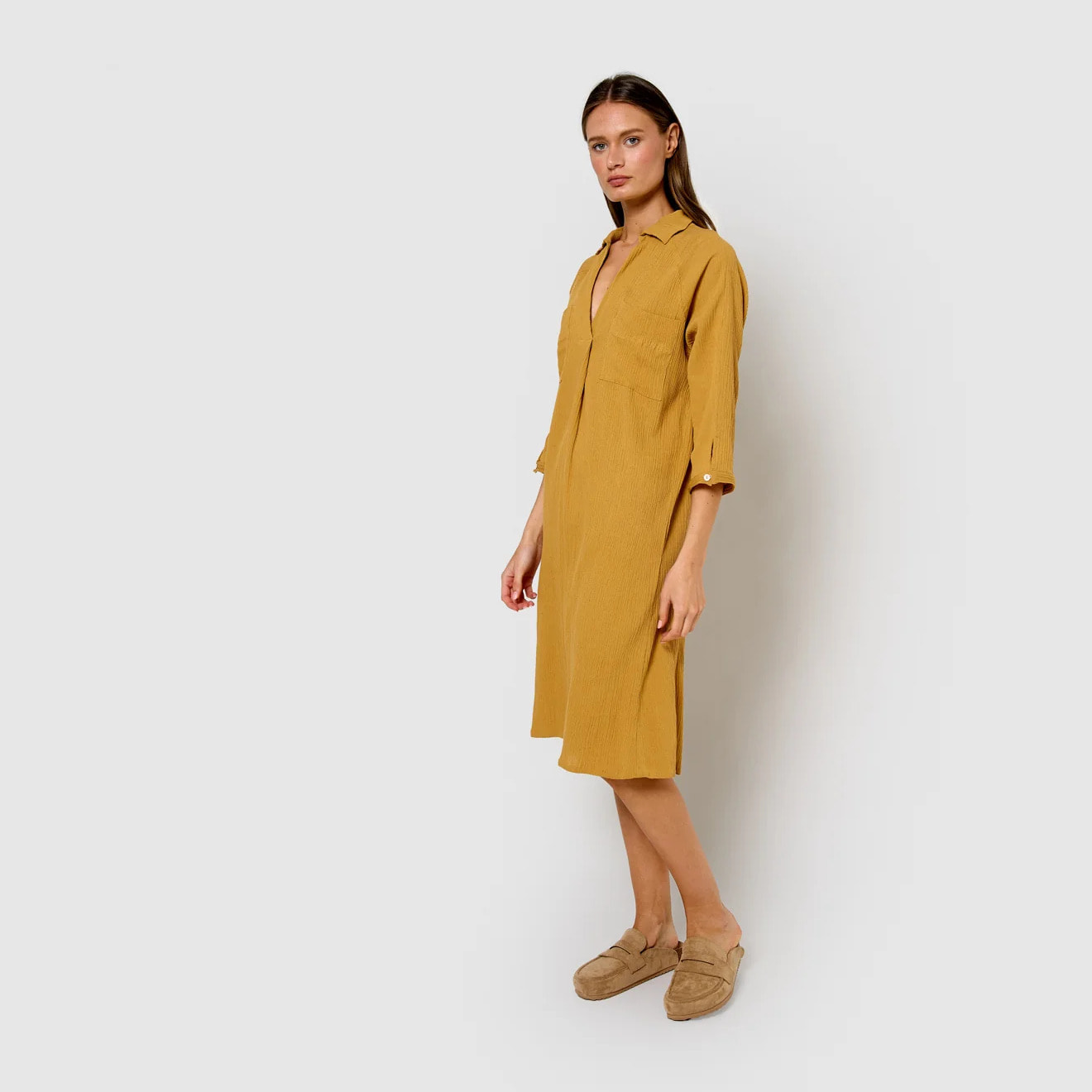 Vestido midi algodón lino ocre