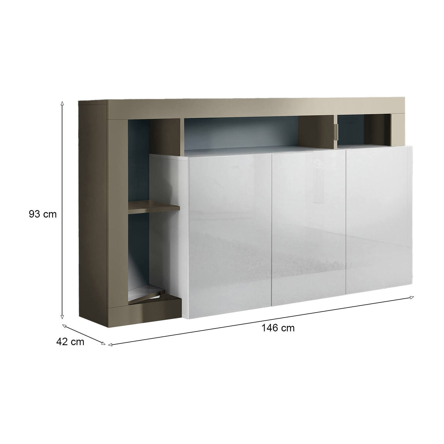 Credenza moderna a 3 ante a vani aperti, Made in Italy, Madia da cucina, Buffet di design da soggiorno, cm 146x42h93, colore Bianco lucido e Pero