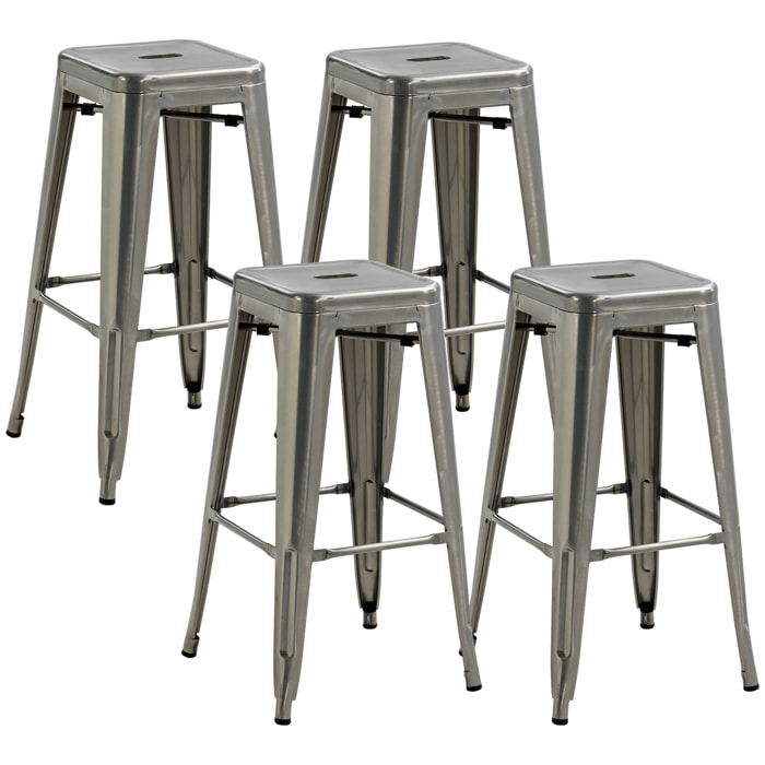 Lot de 4 tabourets de bar industriel empilables hauteur assise 76 cm métal argenté