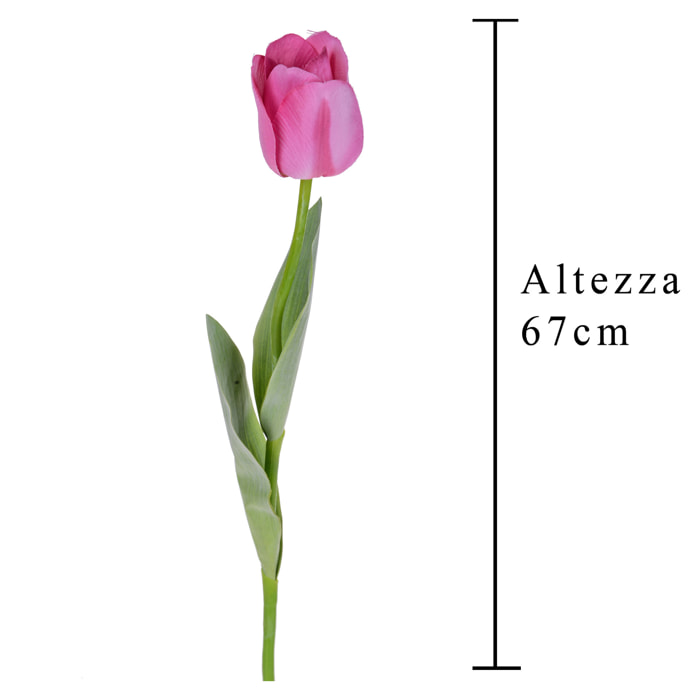 Tulipano Con Foglie. Altezza 67 Cm - Pezzi 12 - 9X67X5cm - Colore: Rosa - Bianchi Dino - Fiori Artificiali