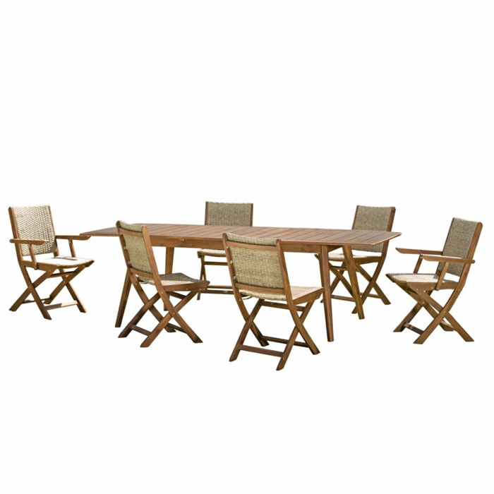 VICK - SALON DE JARDIN EN BOIS 8/10 pers 1 Table rect. extensible - 4 chaises 2 fauteuils pliants et rotin synthétique