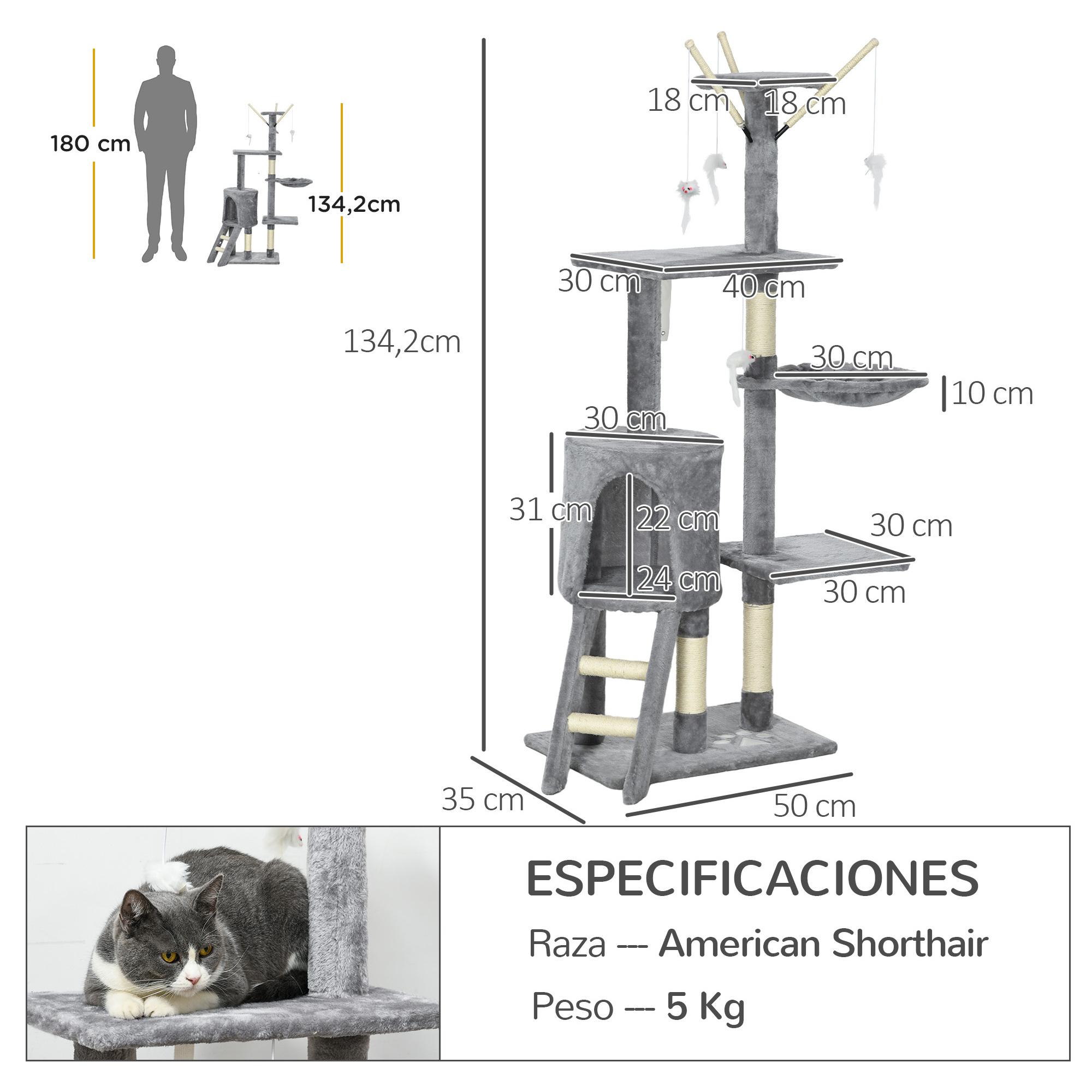 Árbol para gatos Rascador Grande 50x35x134,2 cm con Nidos Plataformas Casetas Ratón de Juego Hamaca Postes de Sisal Cubierto de Felpa Gris