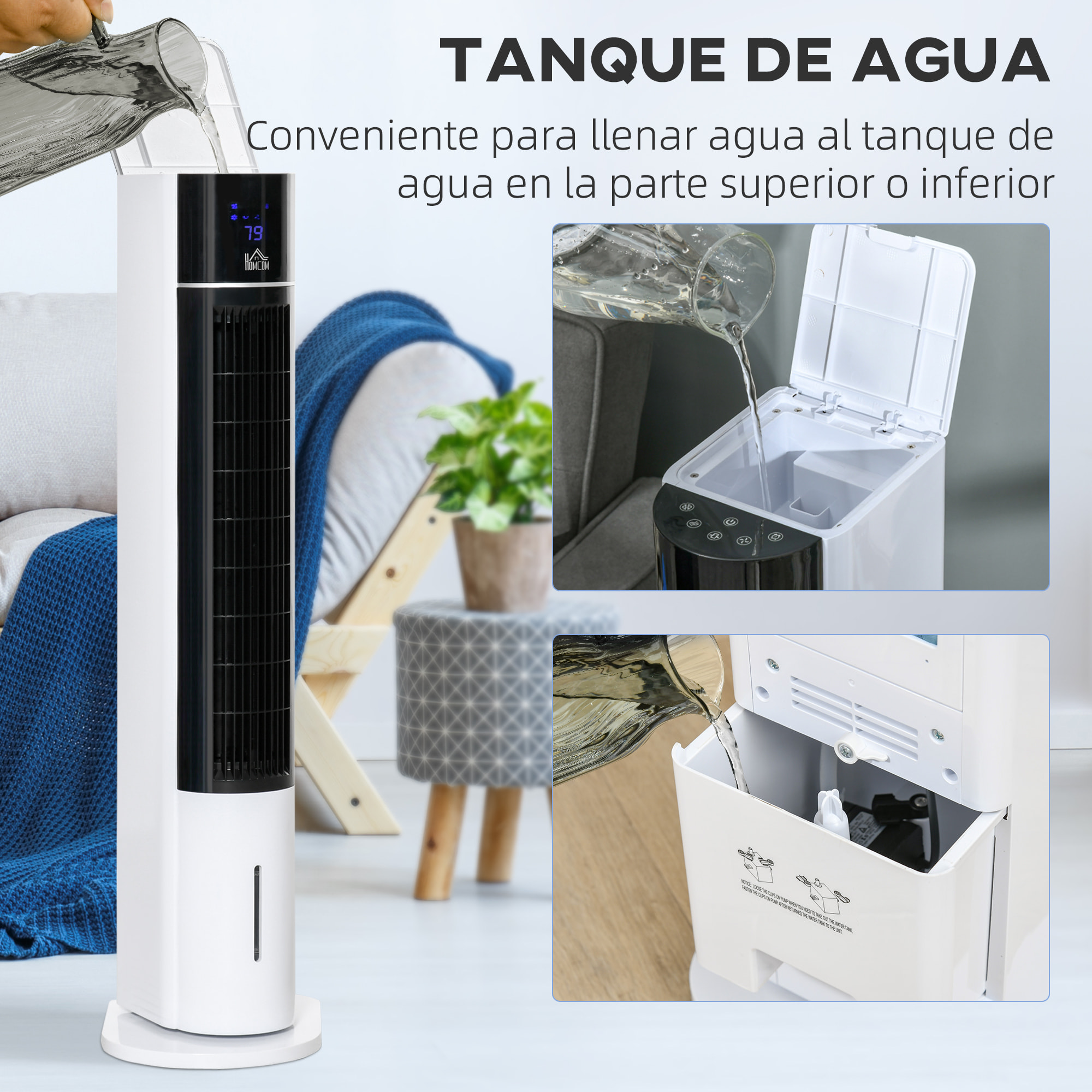 HOMCOM Enfriador de Aire 3 en1 Oscilante Humificador con Control Remoto Pantalla LED 3 Velocidades 3 Modos y Temporizador 12h Ventilador de Torre sin Aspas 33x26x105 cm Blanco y Negro